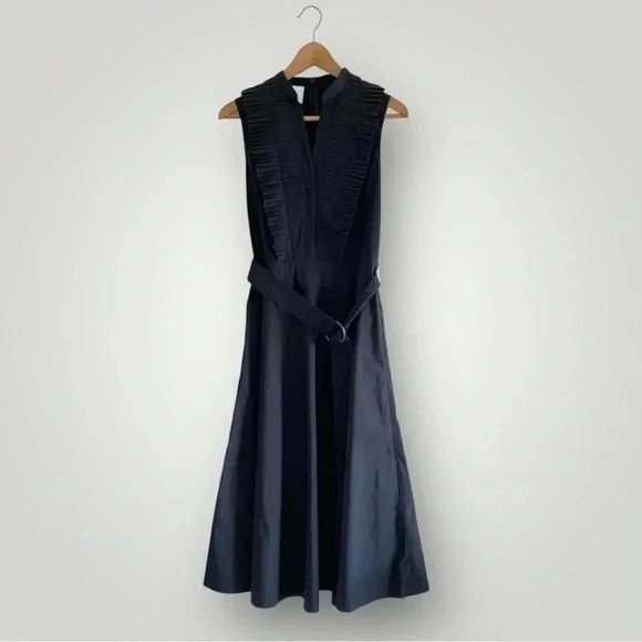 NWOT AKRIS PUNTO Plisse Cotton Midi Belted Dress Navy Blue Sz 6 - Picture 2 of 9
